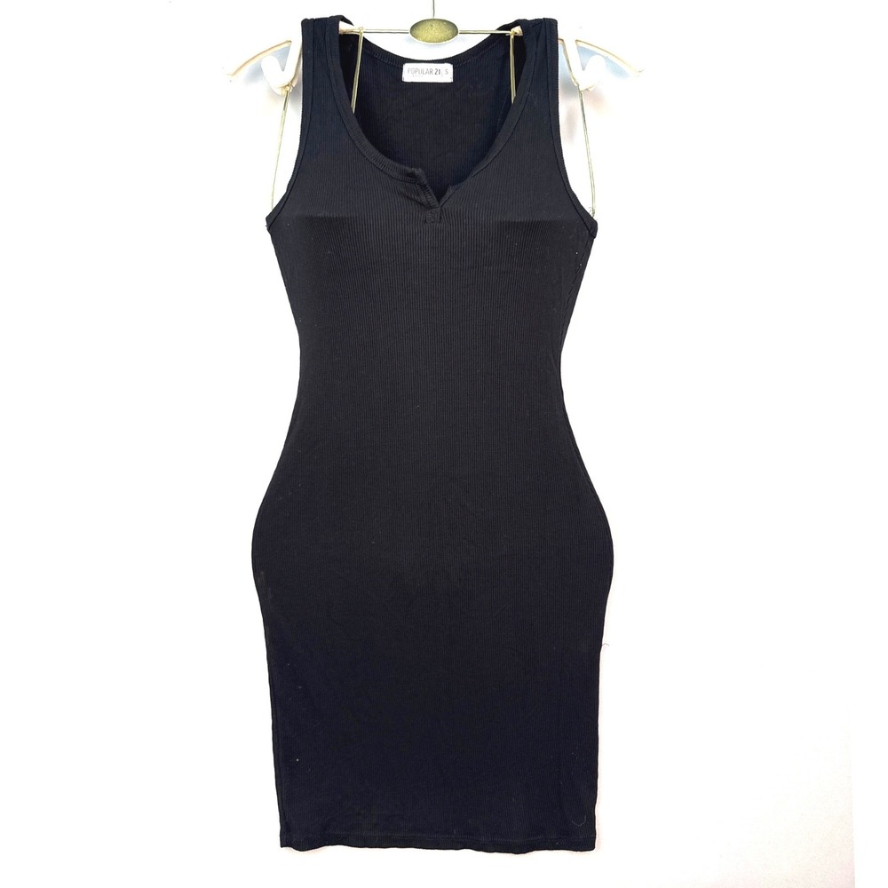 Popular 21 Black Ribbed Notched Neck‎ Tank Mini Dress Womens Small